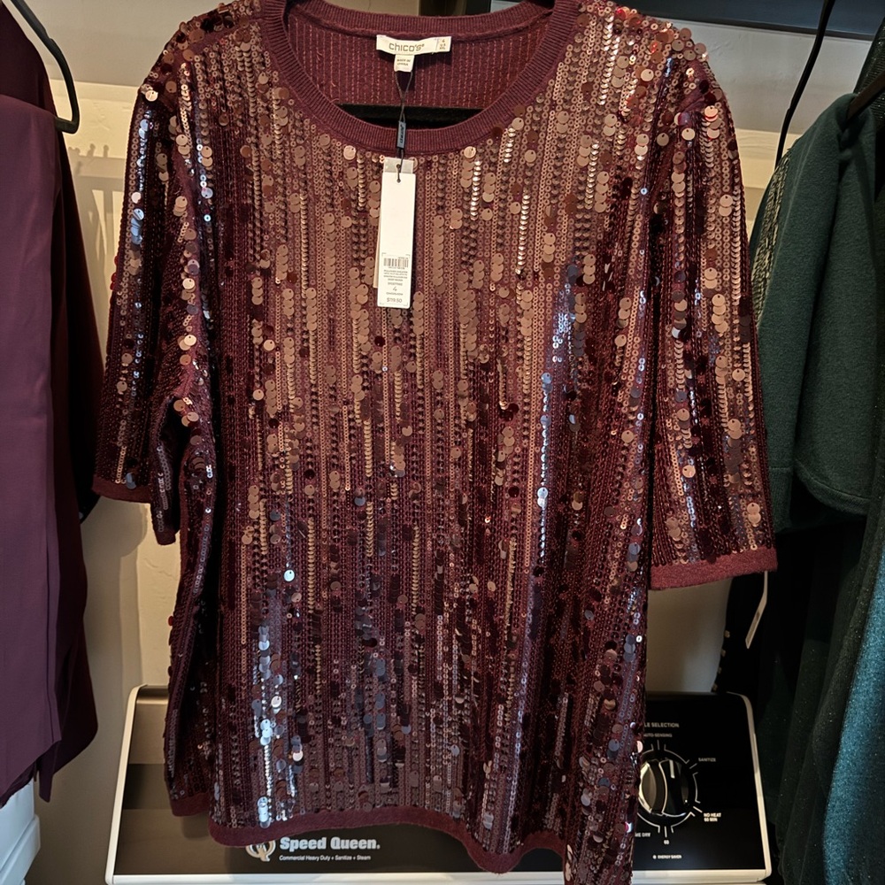 Chico's Sparkling Deep Raisin Sequin Sweater Tee